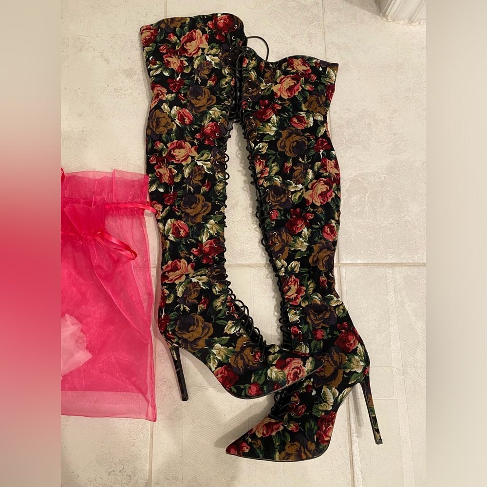 Lola Shoetique over the knee rose lace up boots, size 6.5